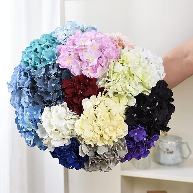 10PCS Silk Hydrangea Heads with Stems Artificial Flowers for Wedding Party Home Decor (Black)