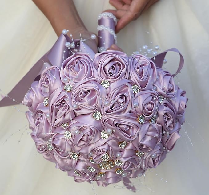 Bridal Wedding Bouquet Round Bling Brooch Bouquet Throw Toss Artificial Rose Flower Bunch for Bride Bridesmaid Wedding Quinceanera(Light Taro Purple, 9.8")