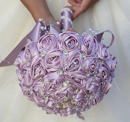 Bridal Wedding Bouquet Round Bling Brooch Bouquet Throw Toss Artificial Rose Flower Bunch for Bride Bridesmaid Wedding Quinceanera(Light Taro Purple, 7.5")