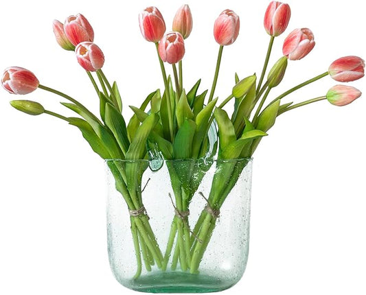 15pcs Artificial Tulips Flowers, Real Touch Latex Bouquet, Fake Tulips for Office Wedding Party Home Kitchen Garden Decoration-B Coral Pink