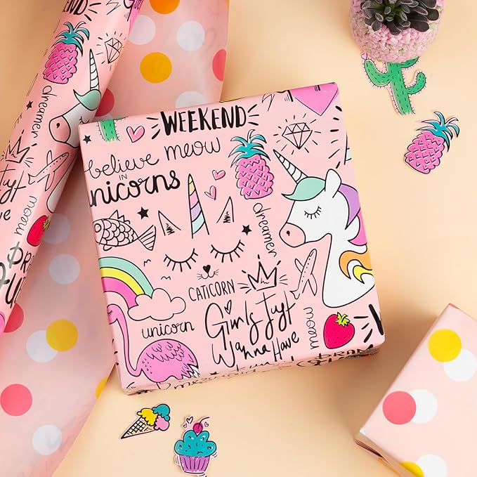 Afucus Reversible Pink Unicorn Wrapping Paper, Flamingo, Rainbow and Polka Dot Themed Gift Wrapping Paper, Cute Mini Rolls for Birthday, Baby Shower, Boys, Girls, Kids, Christmas (17 Inch X 33 Feet)