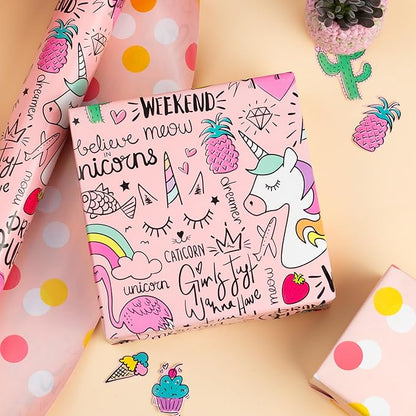 Afucus Reversible Pink Unicorn Wrapping Paper, Flamingo, Rainbow and Polka Dot Themed Gift Wrapping Paper, Cute Mini Rolls for Birthday, Baby Shower, Boys, Girls, Kids, Christmas (17 Inch X 33 Feet)