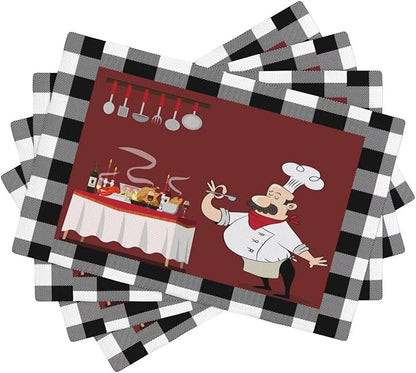 Chef Kitchen Linen Placemats Set of 4 Black White Buffalo Plaid Cooking Theme Placemats for Indoor Outdoor Party Home Desktop Dining Room Decor 12x18 Inch