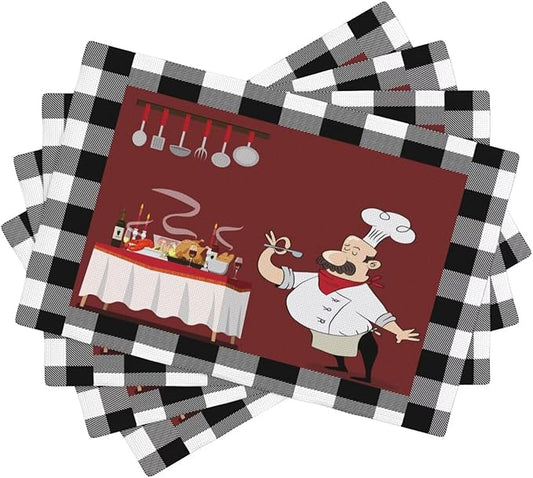 Chef Kitchen Linen Placemats Set of 4 Black White Buffalo Plaid Cooking Theme Placemats for Indoor Outdoor Party Home Desktop Dining Room Decor 12x18 Inch