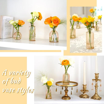 Champagne Bud Vases in Bulk 24 Packs Amber Glass Vase for Decor Centerpieces, Small Ribbed Vases for Flowers Stripe Modern Bud Vases Vintage Vases for Floral Wedding Party Table Decoration Home Decor