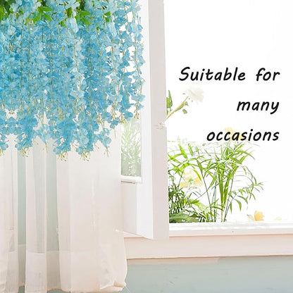 24 Pack Lake Blue Wisteria Hanging Flowers Garland, 3.77 Feet Artificial Flower Vines, Fake Wisteria, Artificial Vines Hanging Garland for Backdrop Outdoor Yard Garden Decor