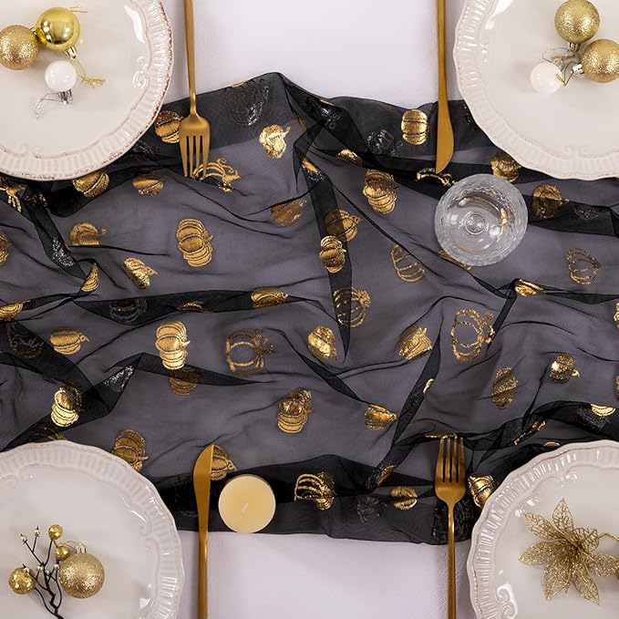 Socomi Gold Table Runner Fall Pumpkin Gauze Sheer Chiffon Cheesecloth Sequin 10FT Glitter Metallic Foil Dining Wedding Birthday Party Baby Shower Holiday Centerpiece Table Decor Black