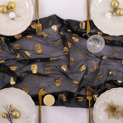Socomi Gold Table Runner Fall Pumpkin Gauze Sheer Chiffon Cheesecloth Sequin 10FT Glitter Metallic Foil Dining Wedding Birthday Party Baby Shower Holiday Centerpiece Table Decor Black
