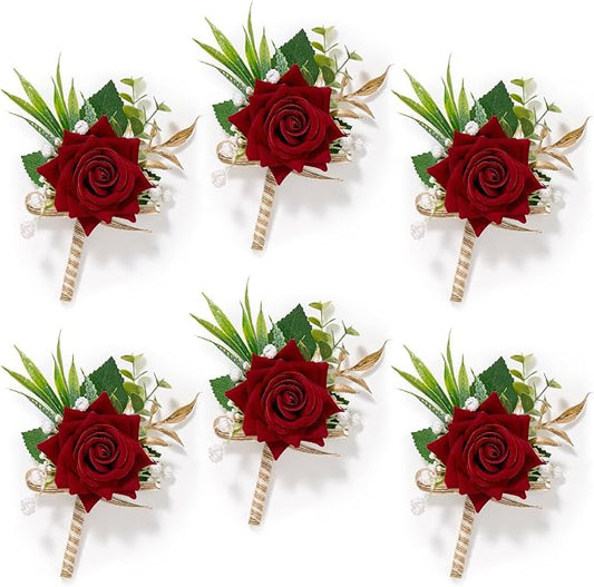 Serwalin 6PCS Red Rose Boutonniere for Men Wedding Groom Groomsmen Best Man Boutonniere for Wedding Ceremony Anniversary Prom Flowers Formal Dinner Party, Red