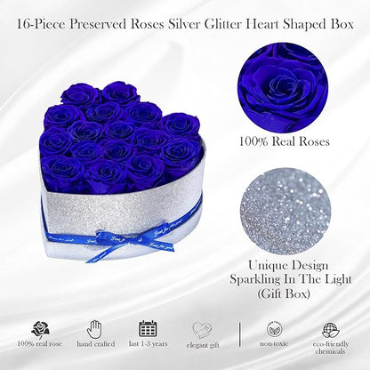 Flowers for Delivery, 16 Blue Forever Roses Heart Shape Box - Preserved Rose Gift for Her, Preserved Flower for Mothers Day, Father's Day Just Because