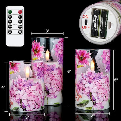 DRomance Pink Hydrangea Glass Flameless Candles with Remote Timer Battery Operated LED Pillar Candles Realistic 3D Wick Flickering Real Wax Wedding Dinner Holiday Decor Candle 3 x 4,5,6 Inches