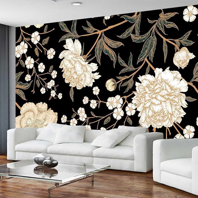 Peony Flower Retro Seamless Pattern Wallpaper, Large Art Background Wall Mural for Bedroom and Living Room(Non-self-Adhesive)