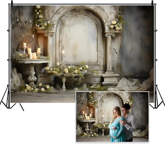 7x5ft Vintage Concrete Building Wall Backdrop Retro Candle White Floral Photography Background for Wedding Mothers Day Valentines Day Bridal Birthday Princess Couples Women Portraits