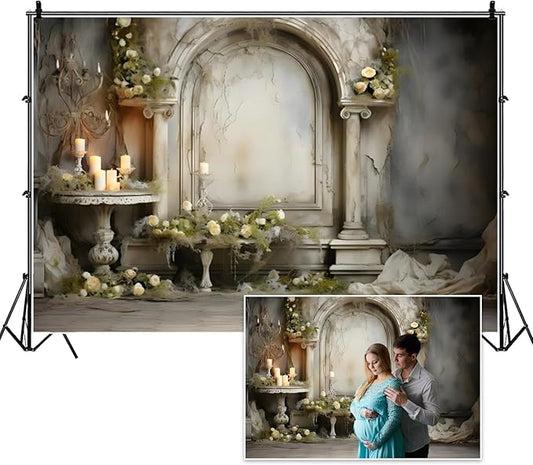 7x5ft Vintage Concrete Building Wall Backdrop Retro Candle White Floral Photography Background for Wedding Mothers Day Valentines Day Bridal Birthday Princess Couples Women Portraits