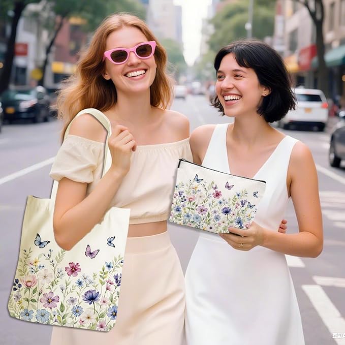 Flower Plant Lover Gifts for Women Canvas Tote Bag with Makeup Bag Cosmetic Bags Grocery Bags for Shopping Christmas
