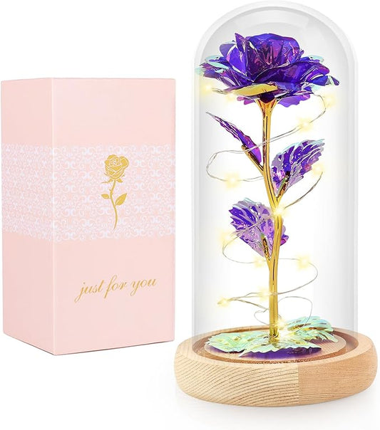 Beferr Mom Birthday Gifts for Women, Galaxy Glass Rose Forever Preserved Flowers for Delivery Prime Light Up Rose in Glass Dome Christmas Rose Gifts for Her Wife Daughter Friends, Purple