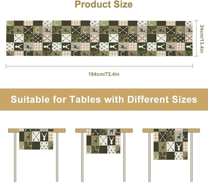 Farmhouse Table Runner, Rustic Deer Camouflage Buffalo Plaid Wild Animal Seasonal Coffee Table Center Decor for Home Kitchen Dining Patio Holiday Party Table Decorations 13x36 inches