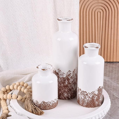 Ceramic Vase Set of 3 - Modern Decorative Vases for Home Decor, Rustic Farmhouse Boho Vases for Living Room, Mantel, Dining Table, Bookshelf, Kitchen or Entryway Decoration