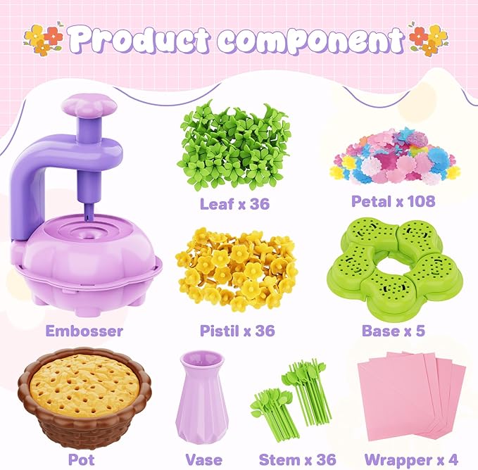 FUNZBO Fabric Flower Bouquets Toys Craft Kit, DIY Arts and Crafts for Kids Ages4-6, Flower Making Toys for 4 5 6 7 8+Year Old Girl Christmas Birthday Gifts, Creative Activity Craft flowers fot Toddler