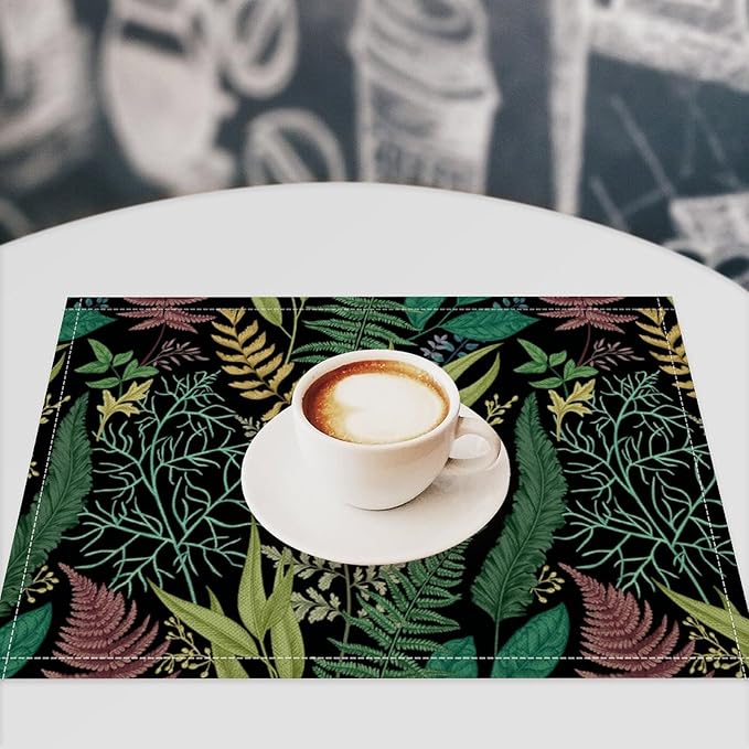 Leaf Placemats Set of 6, 17x12 Inch Vintage Natural Botanical Herbal Green Leaves Table Mats for Home Party Kitchen Dining Decor