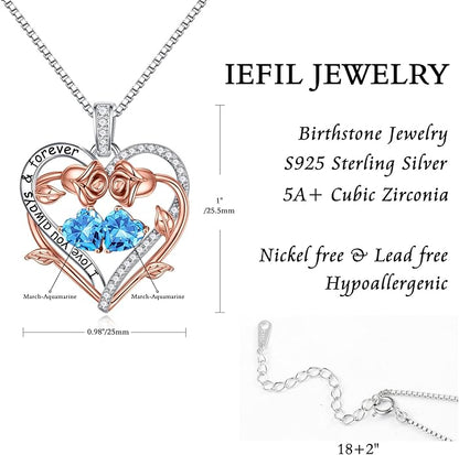 Iefil Rose Heart Double Birthstone Necklace Gifts for Wife Her Mom Women, Birthstone Jewelry Gemstone Birthday Gifts for Girlfriend Grandma Her Wife Women
