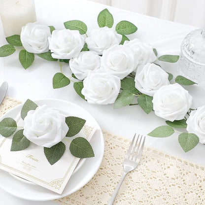 DerBlue 60pcs Artificial Roses Flowers with stem and 10pcs Green Leaves Real Looking Fake Roses Artificial Foam Roses Decoration DIY for Wedding,Arrangements Party Home Decorations