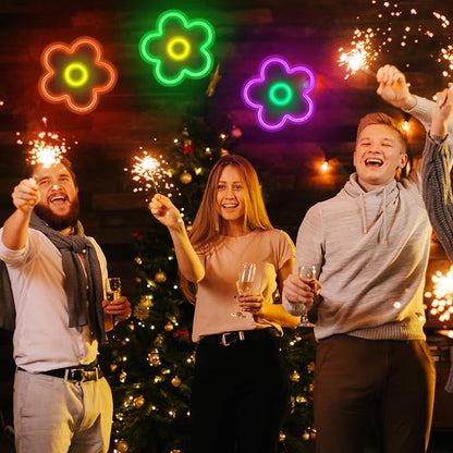 Baquler 3 Pcs Flower Neon Sign Light up Flower Sign Retro Neon LED Lights USB Powered for Wall Decor Window Bedroom Home Girls Birthday Christmas Party Decoration, 9 x 9 Inches(Bright)