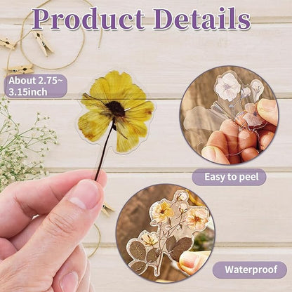 Natural PET Flower Stickers for Scrapbooking - Vintage Nature Plant Craft Sticker, Colorful Small Clear Floral Decal for Journaling (Style D)