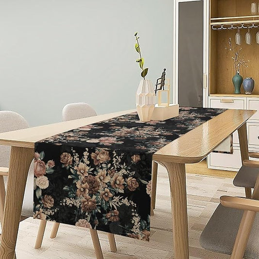 Dark Floral Table Runner, Orange Blossoming Flower Bunch Rose Gothic Black Wildflowers Table Runner for Farmhouse Kitchen Dining Table Decor, 13x36inch