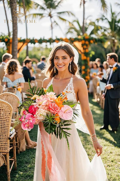 TINGE TIME 13 Inch Summer Wedding Bouquets for Bride, Bridal Bouquet for Bride, Artificial Silk Orchid for Graduation Bouquet, Fake Flowers for Wedding Ceremony and Anniversary (Tropical)