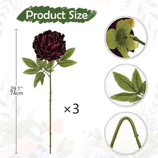 Briful 3PCS Burgundy Peony Artificial Flower Stems 29.1in Long Stem Fake Peonies Silk Floral Arrangement Real Touch Peony Flower for Home Vase Party Wedding Bouquet Decor