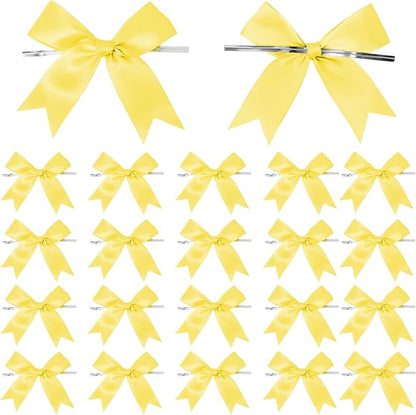 50 Counts Yellow Twist Tie Bows 3.1" Pre-Tied Satin Ribbon Bow Decor Mini Twist Tie Bows for Gift Wrapping Treat Bags Cake Bridal Baby Shower Birthday Party Favors Wedding Decorations
