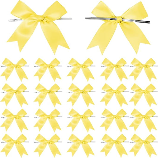 50 Counts Yellow Twist Tie Bows 3.1" Pre-Tied Satin Ribbon Bow Decor Mini Twist Tie Bows for Gift Wrapping Treat Bags Cake Bridal Baby Shower Birthday Party Favors Wedding Decorations