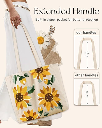 Aesthetic Embroidery Tote Bag for Women - Reusable Canvas Cute Shoulder Bag for Shopping, Grocery, Work, Book