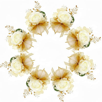 Rose Champagne Wrist Corsages 8 Pcs - Bride Bridesmaid Wrist Corsage Bracelets for Wedding, Prom and Anniversary,Formal Dinner Party & Flower Girl Accessories(C)
