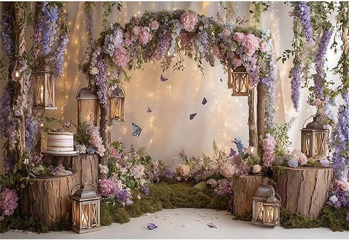 Baocicco Purple Flowers Wall Backdrop 8x6.5ft Rustic Style Wooden Arch Door Butterfly Background Photography Rural Wedding Baby Shower Birthday Party Banner Supplies Anniversary Decorations Props