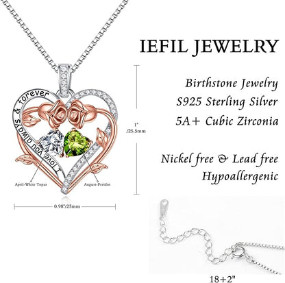 Iefil Rose Heart Double Birthstone Necklace Gifts for Wife Her Mom Women, Birthstone Jewelry Gemstone Birthday Gifts for Girlfriend Grandma Her Wife Women