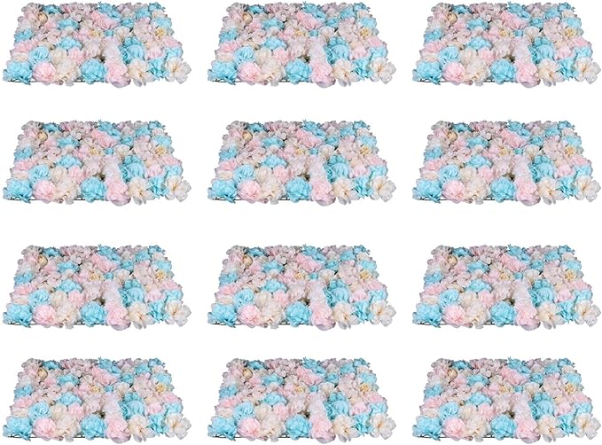 LOYALHEARTDY 12 Pack Artificial Flower Wall Panels 24" x 16" Blue & Pink Faux Hydrangea and Rose Artificial Flower Backdrop Panels for Wedding Party Event Flower Wall Decor