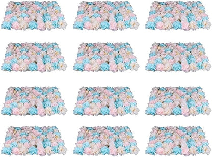 LOYALHEARTDY 12 Pack Artificial Flower Wall Panels 24" x 16" Blue & Pink Faux Hydrangea and Rose Artificial Flower Backdrop Panels for Wedding Party Event Flower Wall Decor