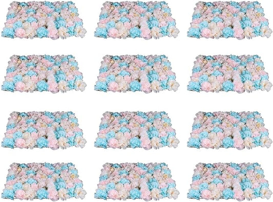 LOYALHEARTDY 12 Pack Artificial Flower Wall Panels 24" x 16" Blue & Pink Faux Hydrangea and Rose Artificial Flower Backdrop Panels for Wedding Party Event Flower Wall Decor