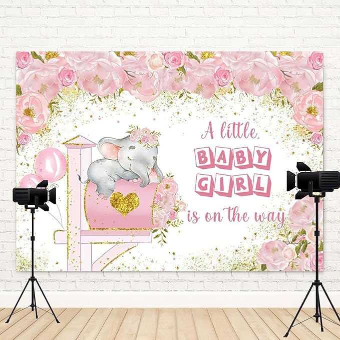 15x8ft Elephant Baby Shower Backdrop A Little Baby Girl is On The Way Photography Background Pink Floral Balloon Mailbox Baby Girls Party Banner Decorations Newborn Portrait Photo Booth Prop
