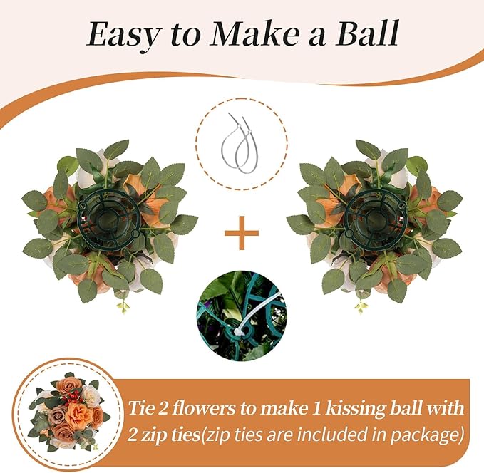 BLOSMON Terracotta Flowers Balls Centerpieces: 2 Pcs Artificial Rose for Home Table Decorations - Fall Fake Silk Kissing Floral Arrangements for Wedding Party Event DIY Decor