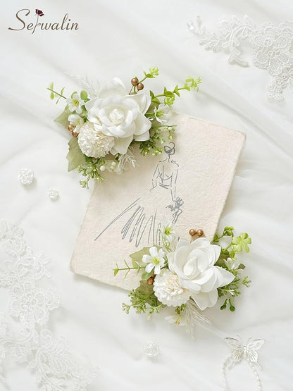 Serwalin Set of 2 Boutonniere for Men, 6-7inch Corsage Groom Groomsman Best Man Boutonnieres for Wedding Prom Ceremony Anniversary Party Cake Topper, Ivory White