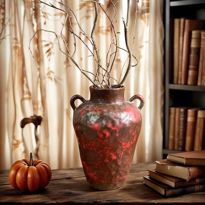 8IN Rustic Farmhouse Ceramic Vase Home Decor, Vintage Stoneware Clay Pottery Terracotta Textured for Modern Farmhouse, Living Room, Office Desk Table Shelf(Grey and red)