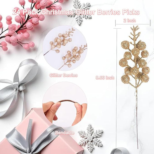 24 Pack Artificial Christmas Glitter Berries Stems Branches,Christmas Faux Holly Berries Branches Ornaments for Christmas Tree Wreath DIY Craft Decorations Holiday Home Decor(Champagne)