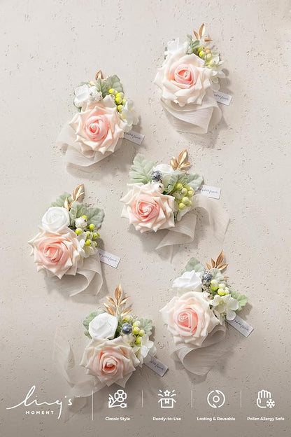 Ling's moment 6pcs Wedding Wrist Corsage Artificial Flowers, Girl/Mother Homecoming Prom Corsages Wristlet Décor, etc. Peach Pink