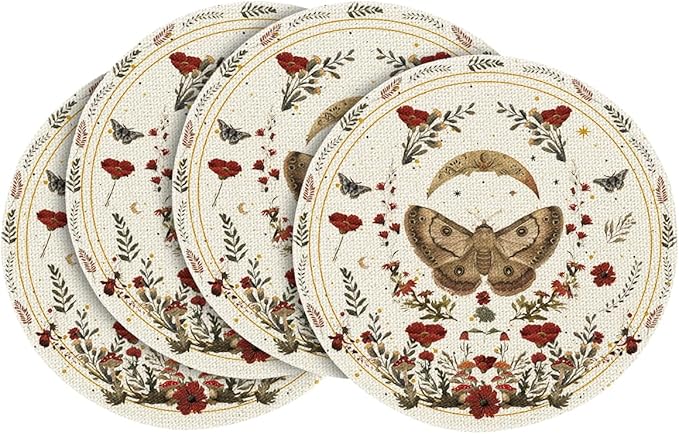 Artoid Mode Beige Poppy Moth Moon Round Placemats Set of 4, 14 Inch Floral Spring Round Table Mats for Party Kitchen Dining Decoration