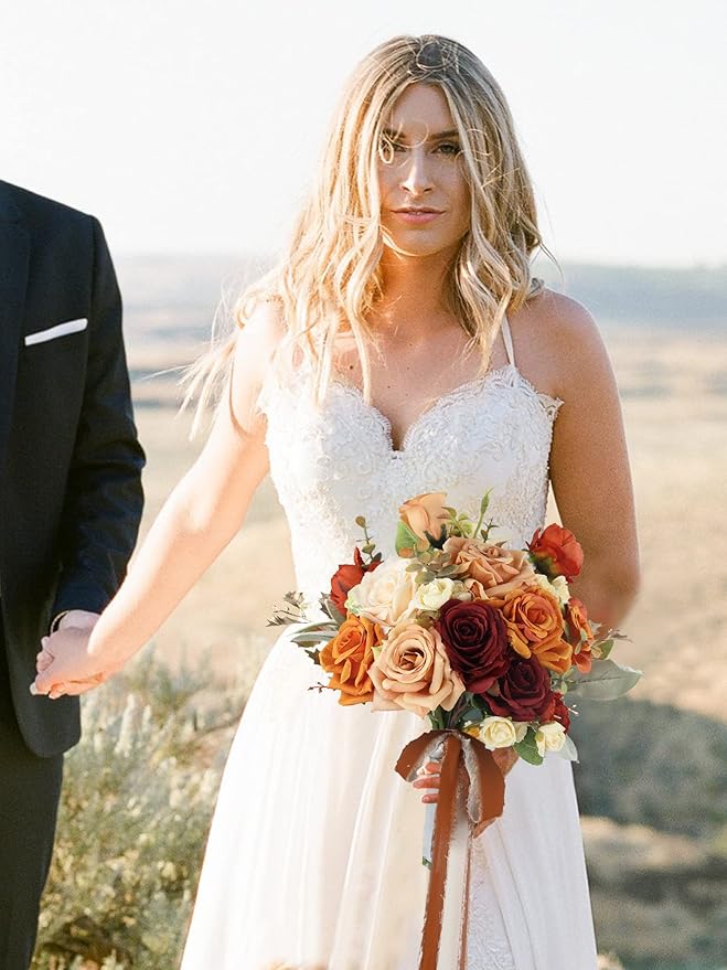 Rinlong 9" Wide Burnt Orange Wedding Bouquet for Bride Rustic Terracotta Artificial Flowers Bridal Bridesmaid Bouquet Prom