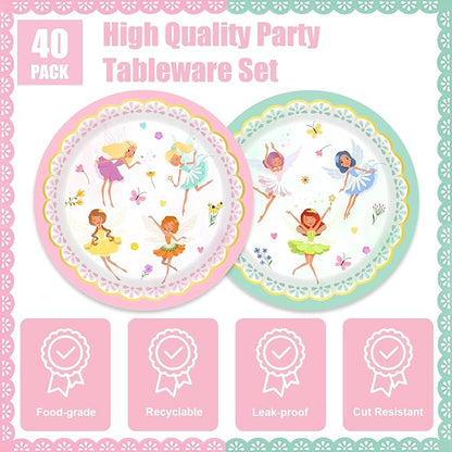 40Pcs Fairy Birthday Party Decorations Pink Flower Baby Shower Paper Plates and Napkins Party Supplies Fairy First Birthday Decorations