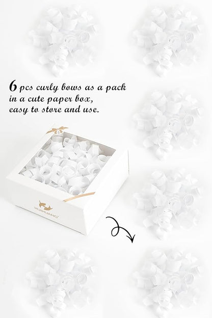 HUIHUANG White Bows for Gift Wrapping, White Curly Ribbon Bows Self Adhesive Burst Gift Bow for Christmas Presents, Wine Bottle, Treat Bags, Bridal Shower Wedding Party Favor - 6 Counts